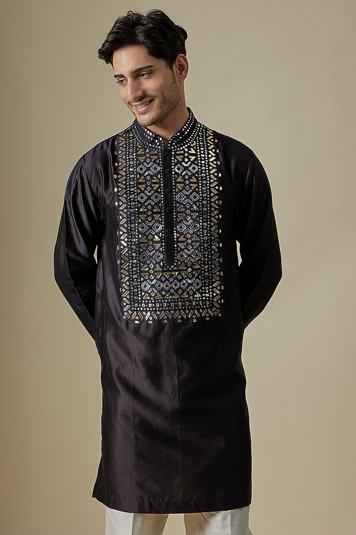 Black Silk Viscose Kurta Set by Mard by Abu Sandeep at Pernia's Pop Up Shop