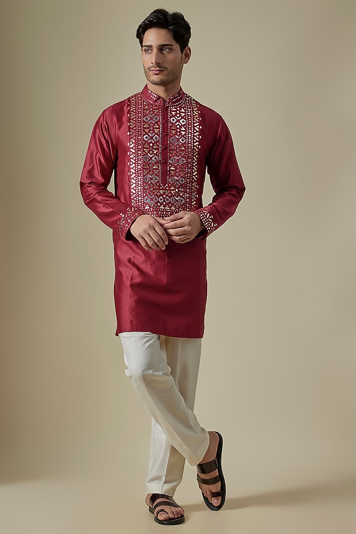 Red Silk Viscose Kurta Set by Mard  by Abu Sandeep