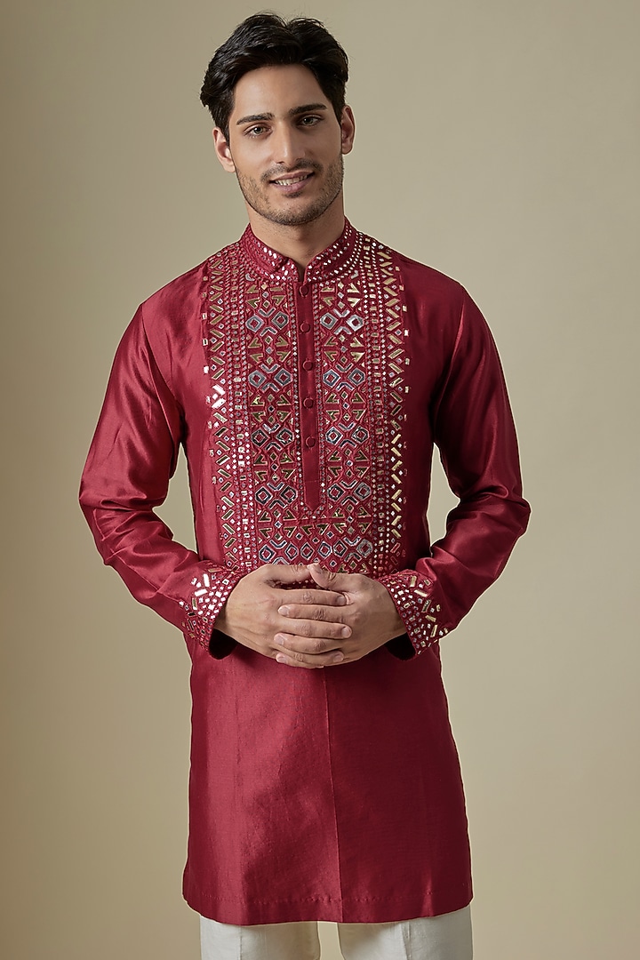 Red Silk Viscose Kurta Set by Mard by Abu Sandeep at Pernia's Pop Up Shop