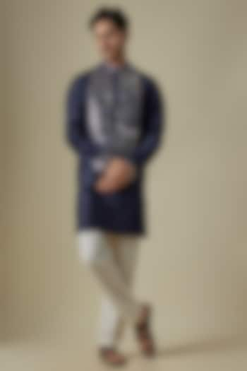 Navy Blue Silk Viscose Kurta Set by Mard  by Abu Sandeep