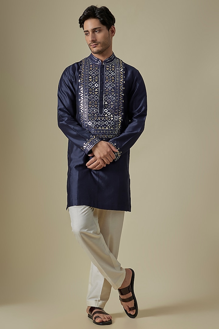 Navy Blue Silk Viscose Kurta Set by Mard  by Abu Sandeep