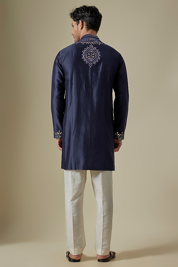 Navy Blue Silk Viscose Kurta Set by Mard by Abu Sandeep at Pernia's Pop Up Shop