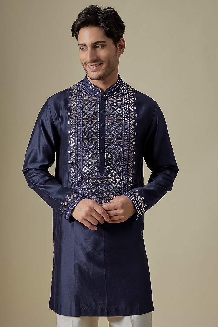 Navy Blue Silk Viscose Kurta Set by Mard by Abu Sandeep at Pernia's Pop Up Shop