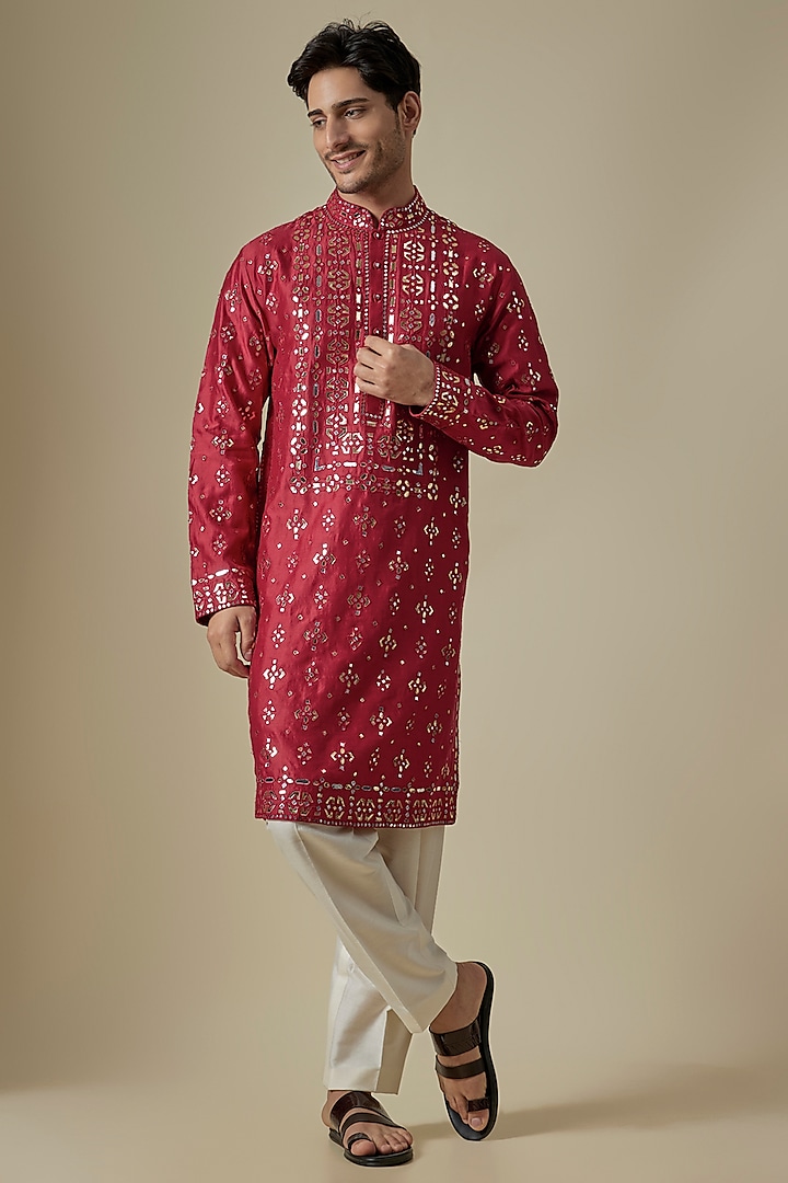 Red Silk Viscose Kurta Set by Mard  by Abu Sandeep