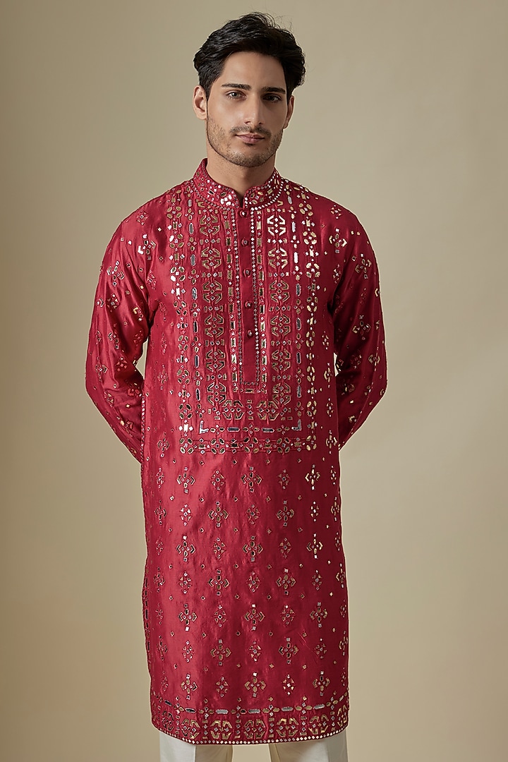 Red Silk Viscose Kurta Set by Mard by Abu Sandeep at Pernia's Pop Up Shop