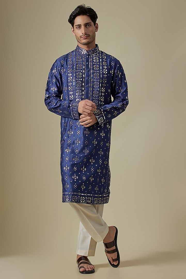 Blue Silk Viscose Kurta Set by Mard  by Abu Sandeep