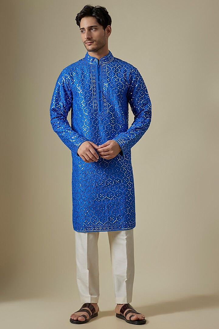 Blue Silk Viscose Kurta Set by Mard  by Abu Sandeep