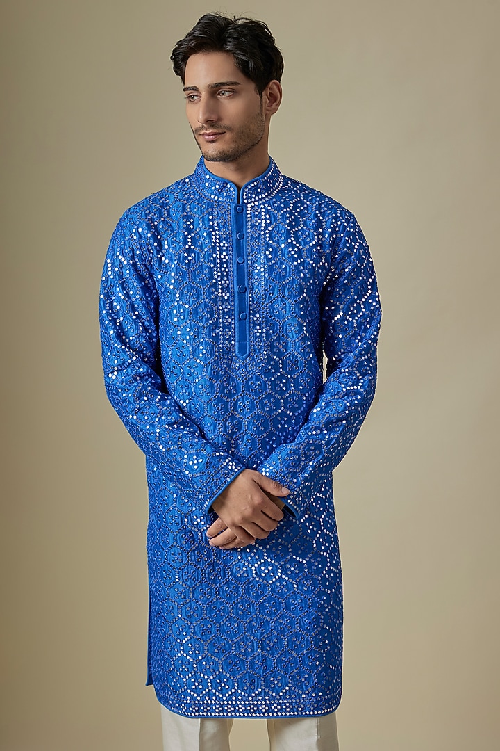 Blue Silk Viscose Kurta Set by Mard by Abu Sandeep at Pernia's Pop Up Shop