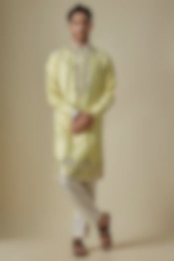 Yellow Silk Viscose Kurta Set by Mard  by Abu Sandeep