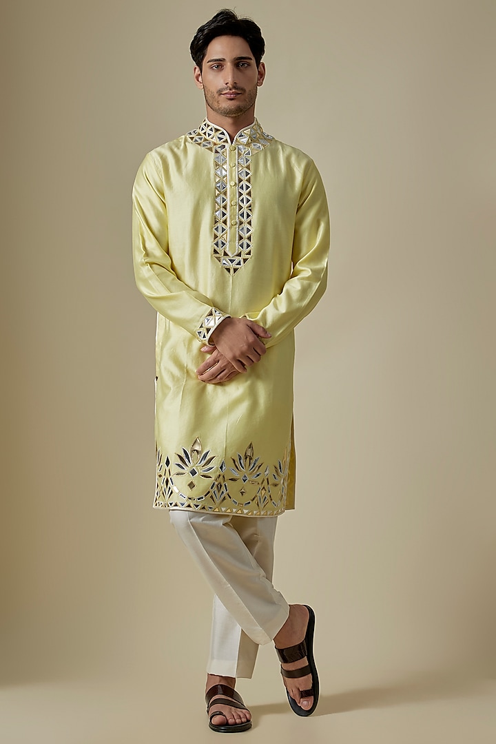 Yellow Silk Viscose Kurta Set by Mard  by Abu Sandeep