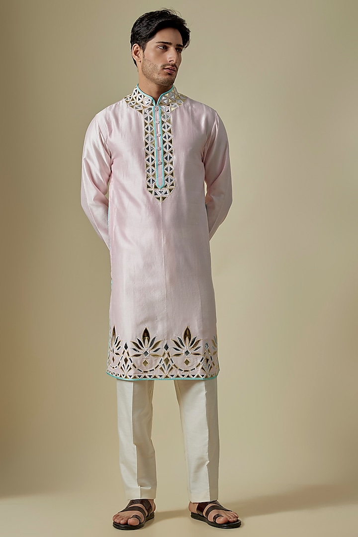 Pink Silk Viscose Kurta Set by Mard  by Abu Sandeep