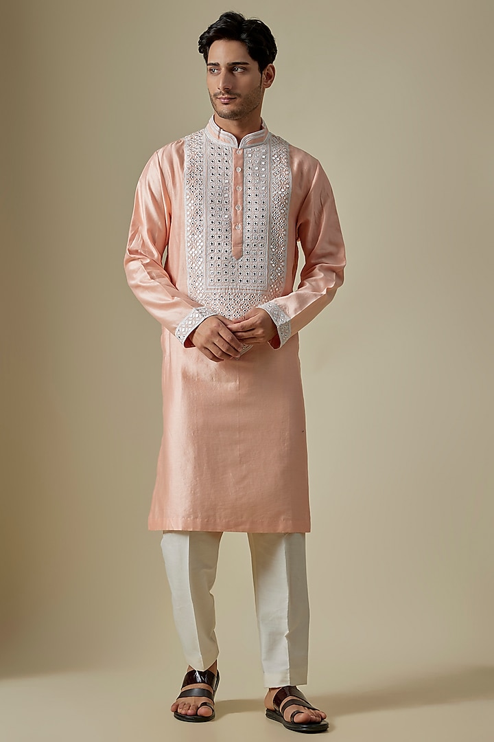 Peach Silk Viscose Kurta Set by Mard  by Abu Sandeep