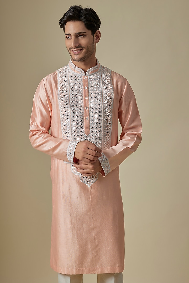 Peach Silk Viscose Kurta Set by Mard by Abu Sandeep at Pernia's Pop Up Shop