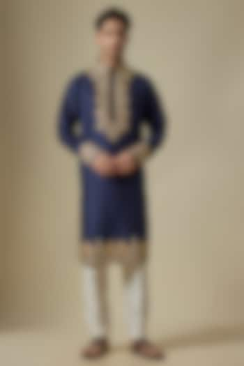 Navy Blue Silk Viscose Kurta Set by Mard  by Abu Sandeep