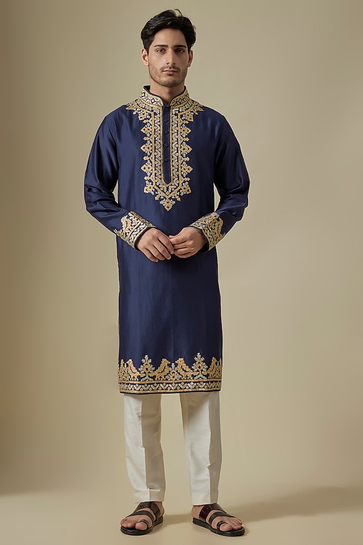 Navy Blue Silk Viscose Kurta Set by Mard  by Abu Sandeep