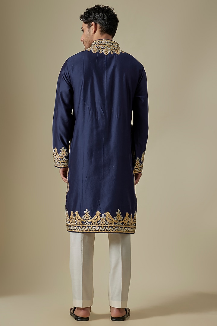Navy Blue Silk Viscose Kurta Set by Mard by Abu Sandeep at Pernia's Pop Up Shop
