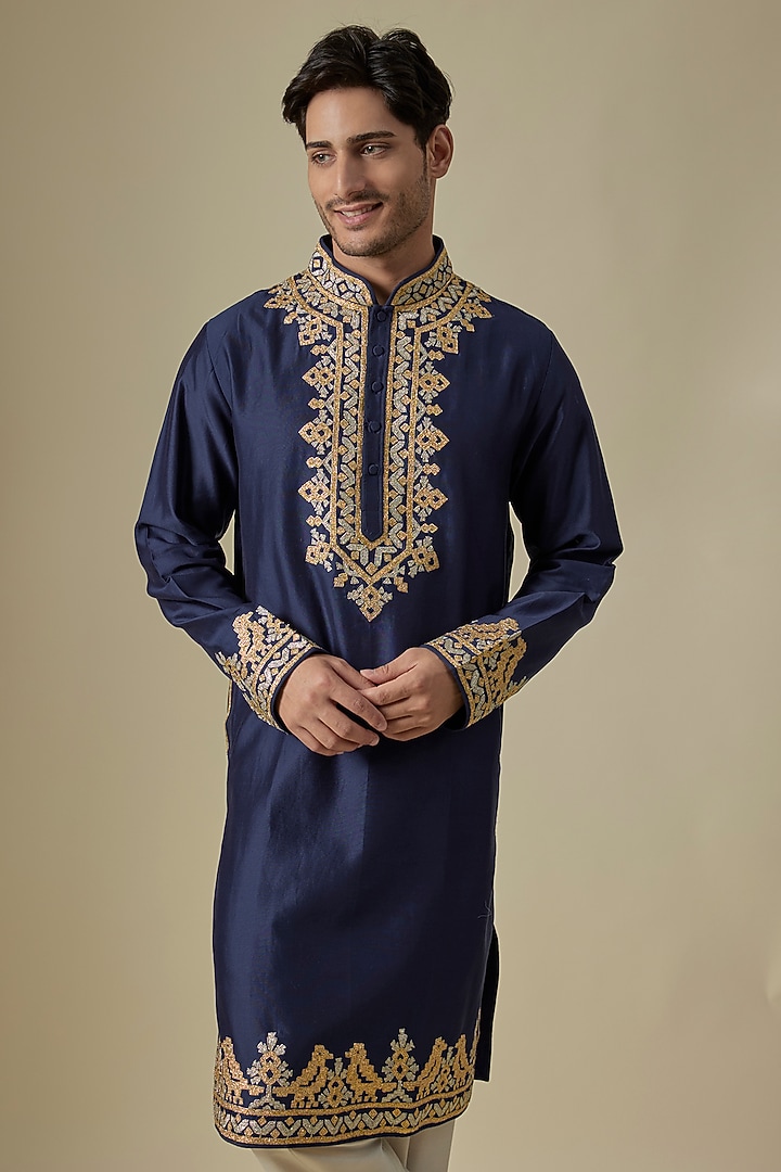 Navy Blue Silk Viscose Kurta Set by Mard by Abu Sandeep at Pernia's Pop Up Shop