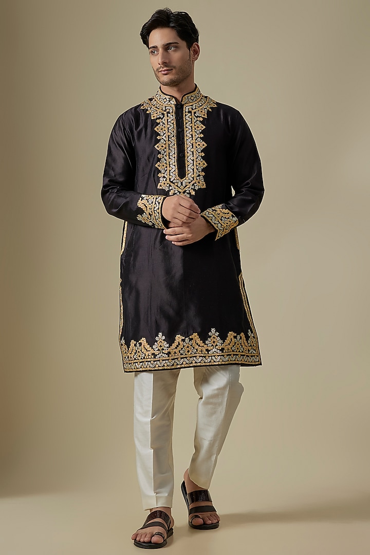 Black Silk Viscose Kurta Set by Mard  by Abu Sandeep