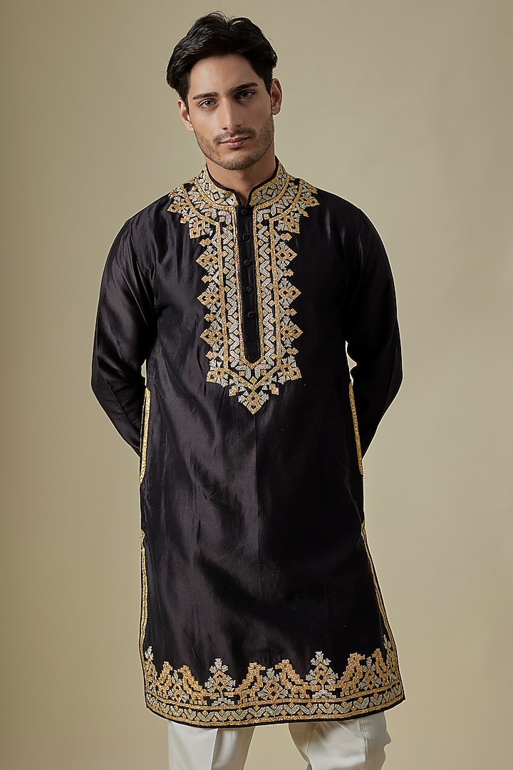 Black Silk Viscose Kurta Set by Mard by Abu Sandeep at Pernia's Pop Up Shop