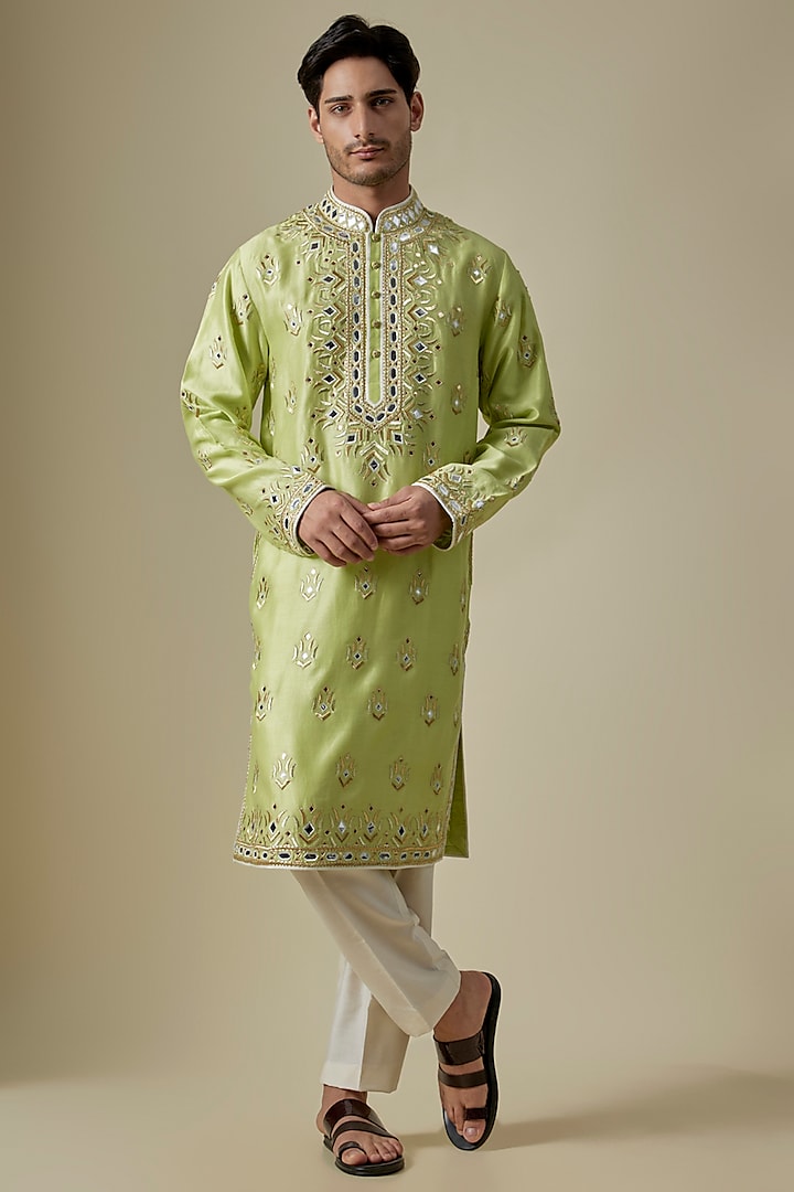 Pista Green Silk Viscose Kurta Set by Mard  by Abu Sandeep