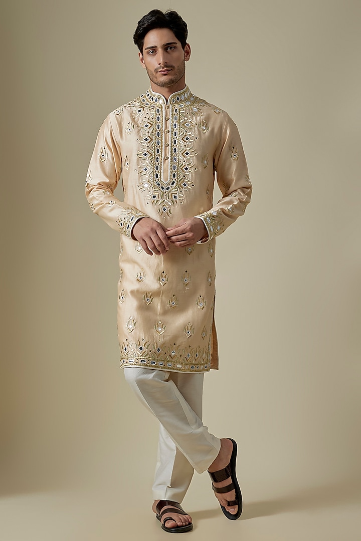 Beige Silk Viscose Kurta Set by Mard  by Abu Sandeep