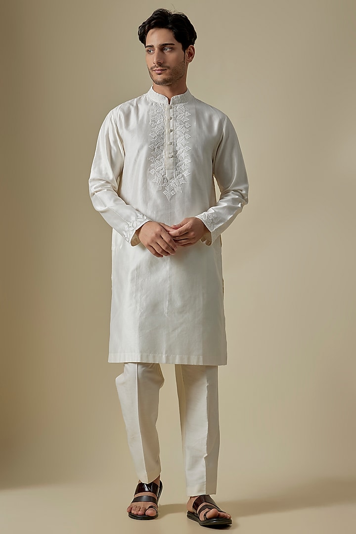 Off-White Silk Viscose Kurta Set by Mard  by Abu Sandeep