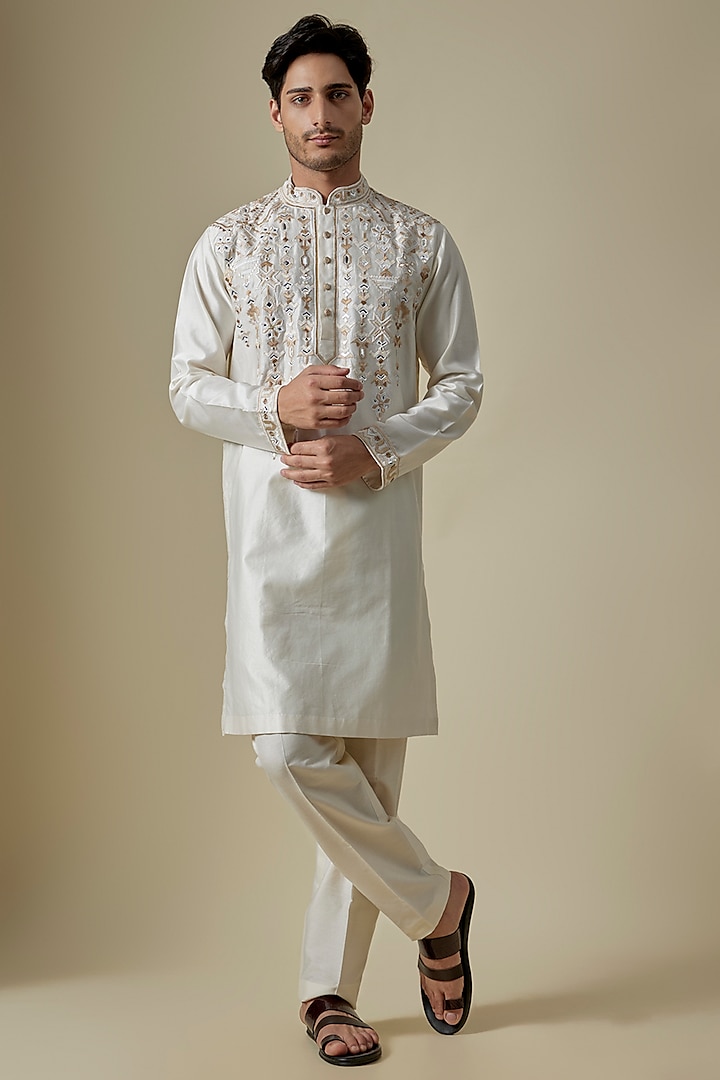 Off-White Silk Viscose Kurta Set by Mard  by Abu Sandeep