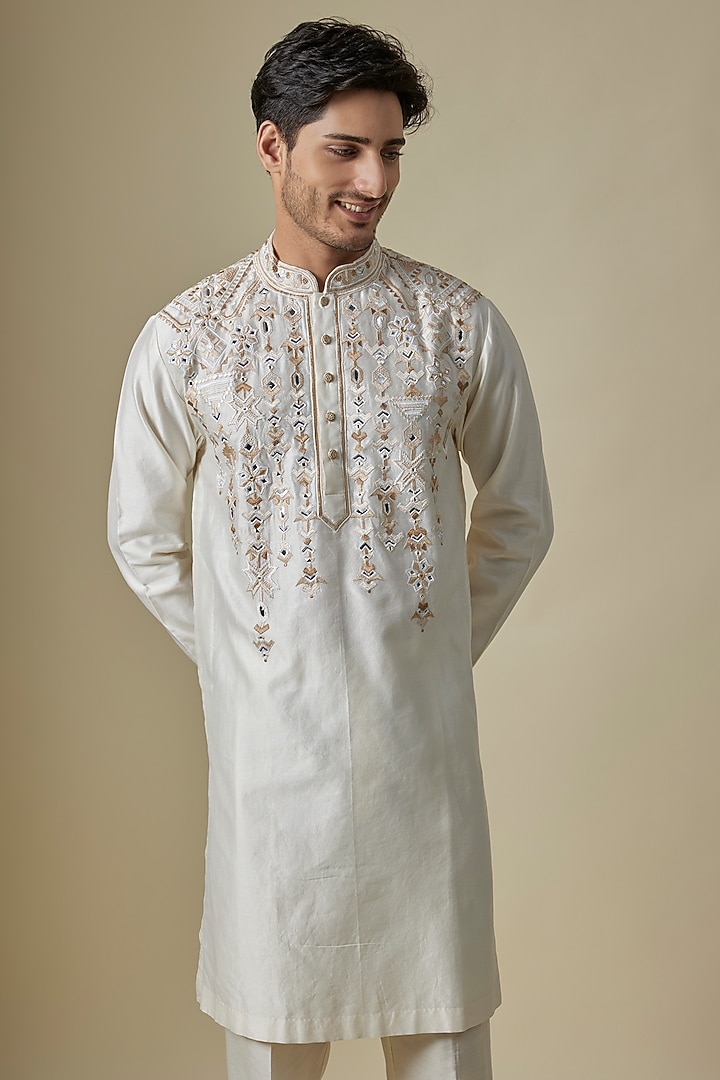 Off-White Silk Viscose Kurta Set by Mard  by Abu Sandeep at Pernia's Pop Up Shop