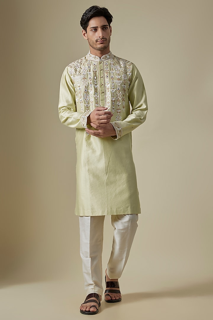 Pista Green Silk Viscose Kurta Set by Mard  by Abu Sandeep