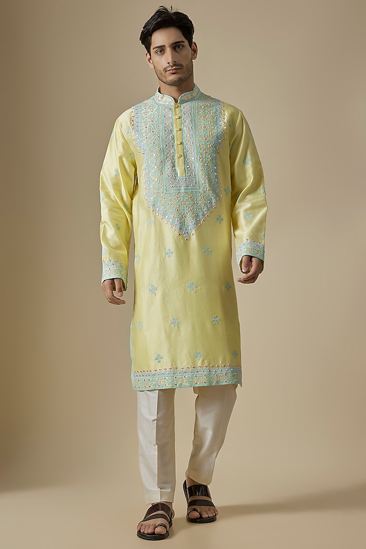 Yellow Silk Viscose Kurta Set by Mard  by Abu Sandeep