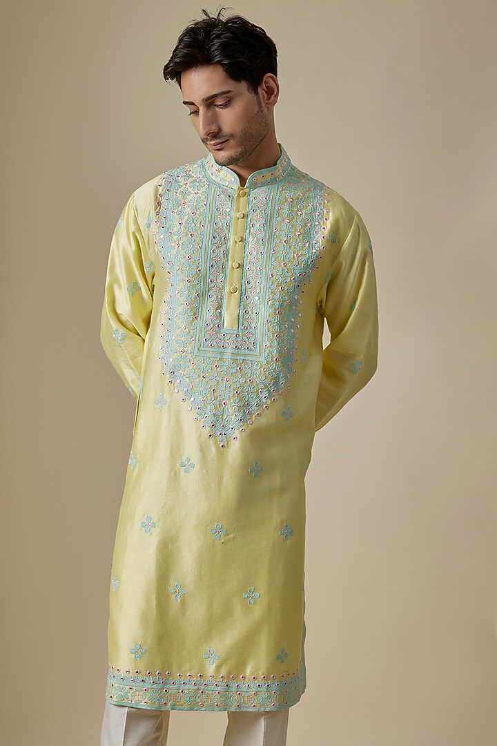 Yellow Silk Viscose Kurta Set by Mard by Abu Sandeep at Pernia's Pop Up Shop
