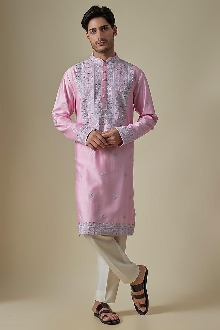 Pink Silk Viscose Kurta Set by Mard  by Abu Sandeep