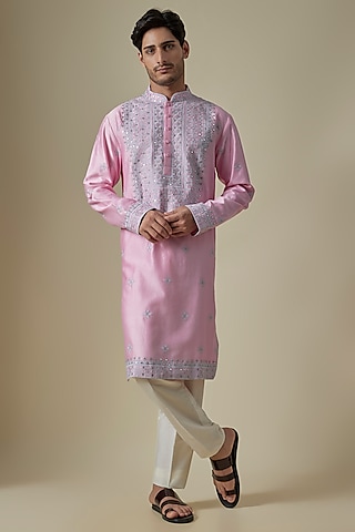 Pink Silk Viscose Kurta Set by Mard  by Abu Sandeep
