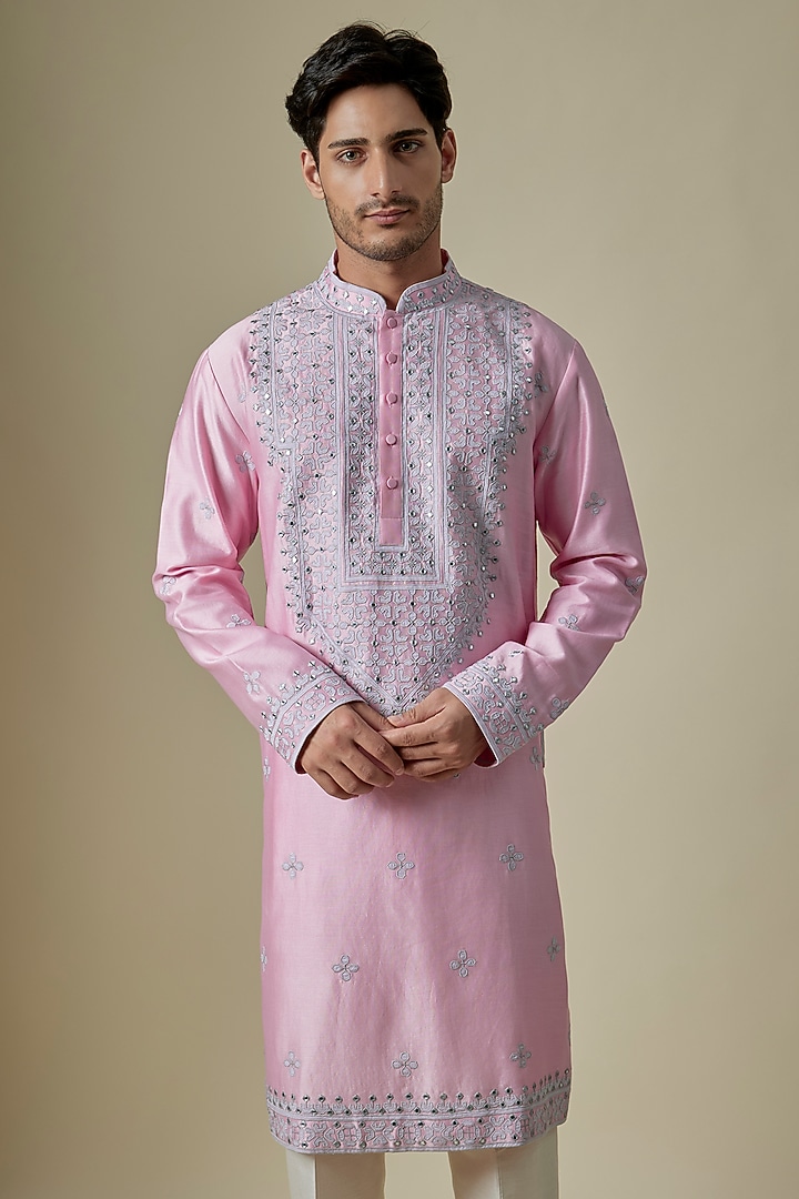 Pink Silk Viscose Kurta Set by Mard by Abu Sandeep at Pernia's Pop Up Shop