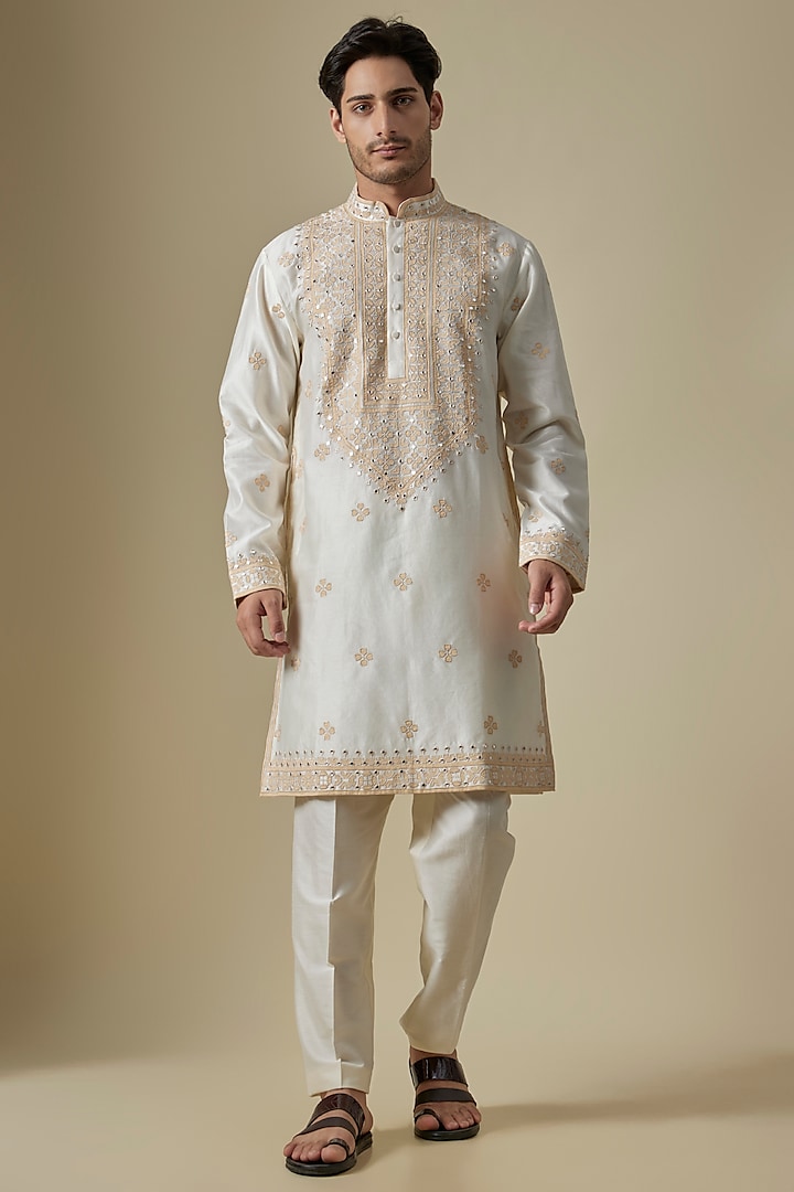 Off-White Silk Viscose Kurta Set by Mard  by Abu Sandeep