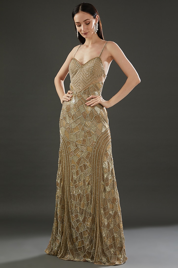 Golden Nylon Embellished Engagement Gown by Majestic by Japnah at Pernia's Pop Up Shop