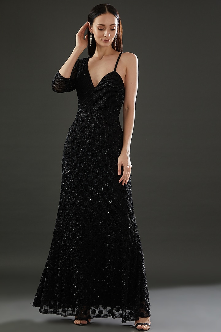 Black Polyester Embellished Engagement Gown by Majestic by Japnah at Pernia's Pop Up Shop