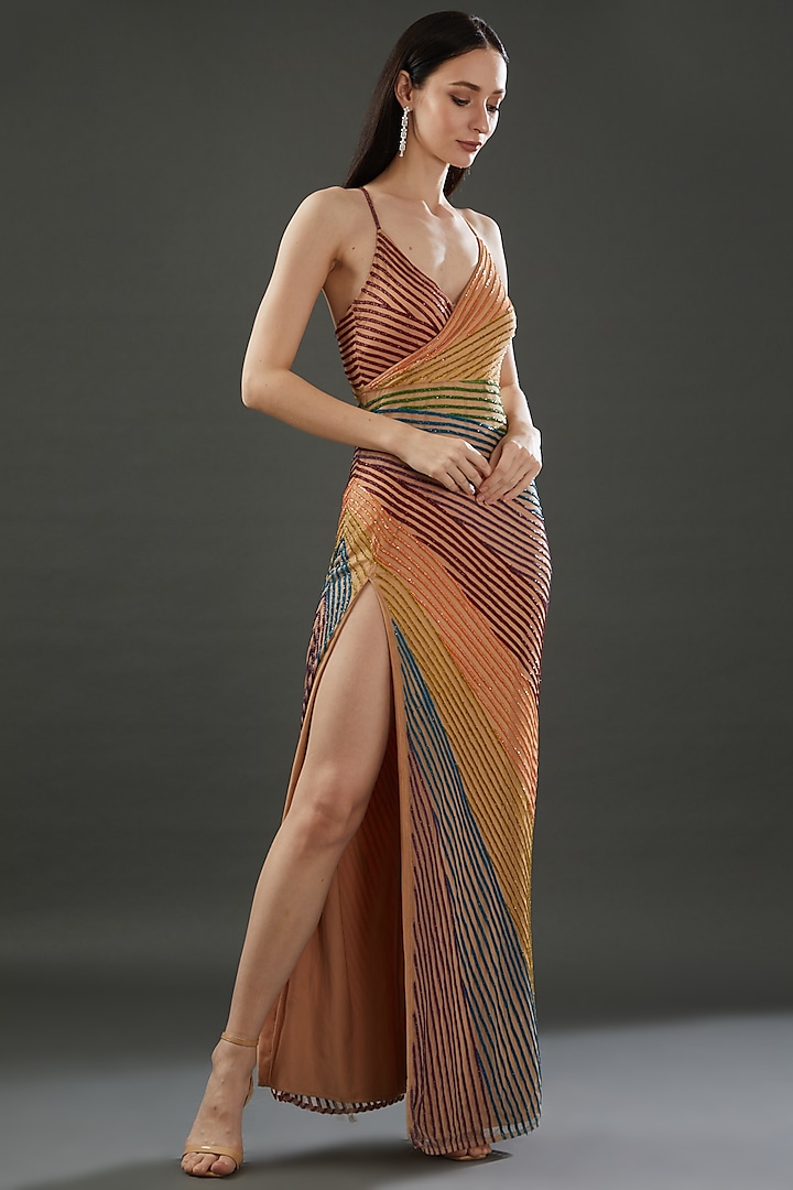 Multi-Colored Polyester Embroidered Gown by Majestic by Japnah