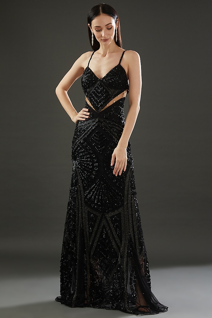 Black Polyester Embellished Gown by Majestic by Japnah