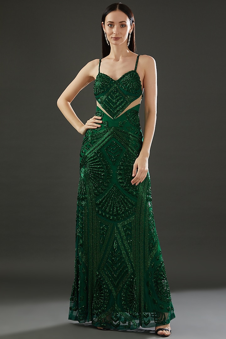 Bottle Green Polyester Embellished Engagement Gown by Majestic by Japnah at Pernia's Pop Up Shop