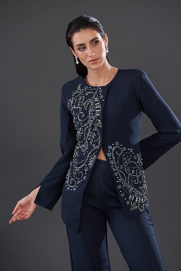 Ink Blue Banana Crepe Embellished Co-Ord Set by Majestic by Japnah at Pernia's Pop Up Shop