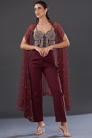Burgundy Banana Crepe Embroidered Co-Ord Set by Majestic by Japnah