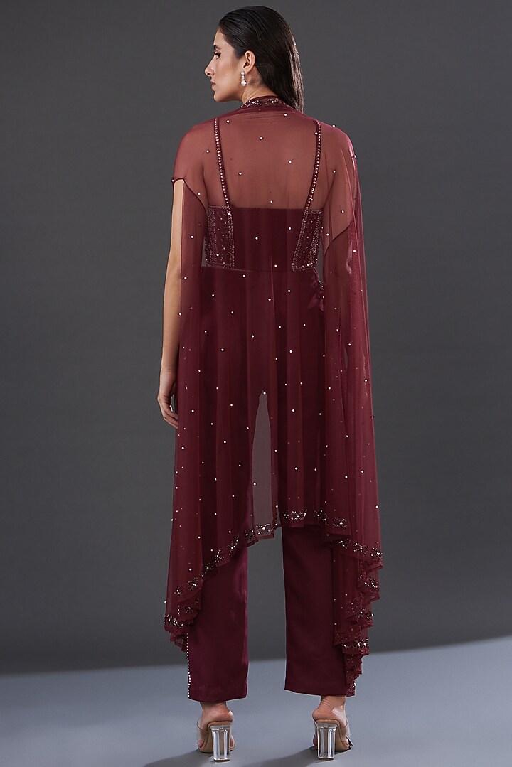 Burgundy Banana Crepe Embroidered Co-Ord Set by Majestic by Japnah at Pernia's Pop Up Shop