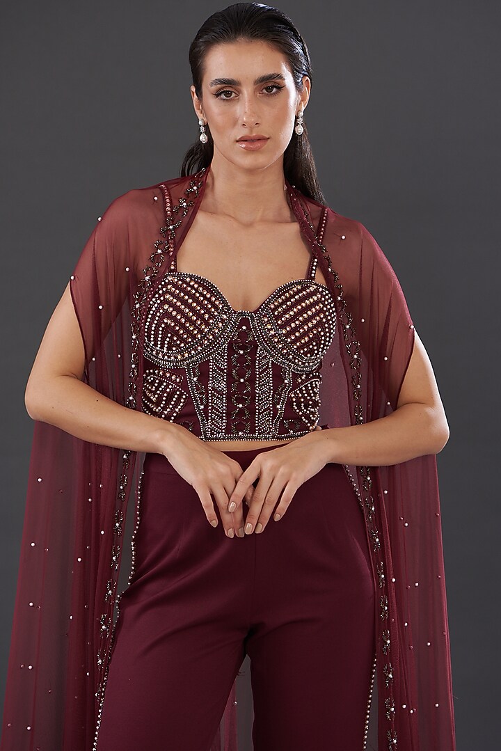 Burgundy Banana Crepe Embroidered Co-Ord Set by Majestic by Japnah at Pernia's Pop Up Shop