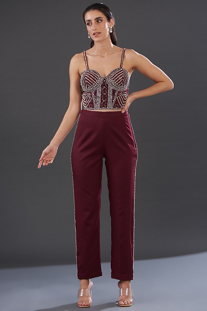 Burgundy Banana Crepe Embroidered Co-Ord Set by Majestic by Japnah at Pernia's Pop Up Shop