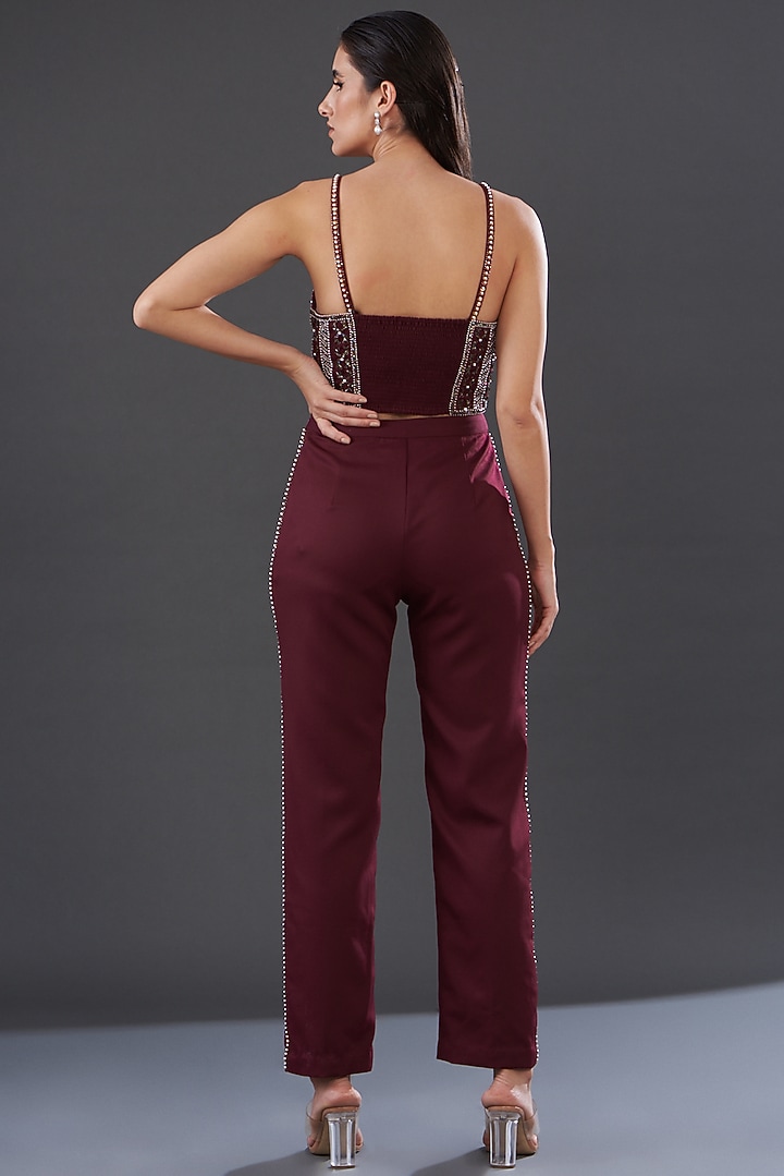 Burgundy Banana Crepe Embroidered Co-Ord Set by Majestic by Japnah at Pernia's Pop Up Shop