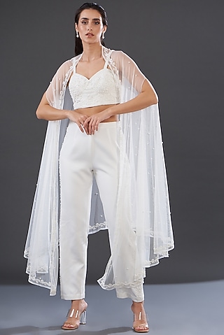White Banana Crepe Embroidered Co-Ord Set by Majestic by Japnah