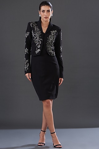 Black Banana Crepe Embellished Jacket Dress by Majestic by Japnah