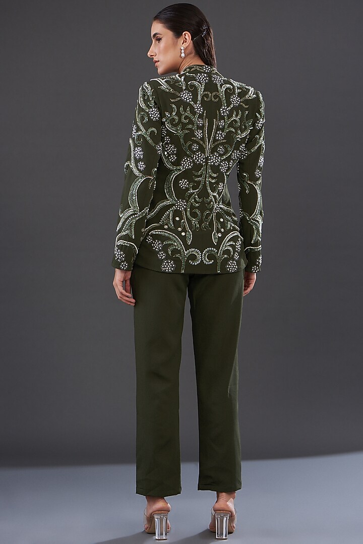 Olive Green Banana Crepe Embellished Co-Ord Set by Majestic by Japnah at Pernia's Pop Up Shop