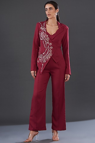 Red Banana Crepe Embellished Co-Ord Set by Majestic by Japnah